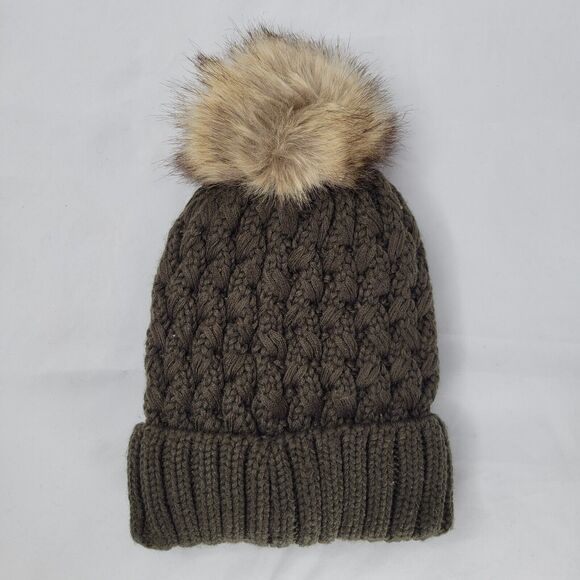 C.C. Korea Olive Green Sherpa Lined Cable Knit Beanie Hat Pom Pom Rolled Hem - Picture 2 of 7